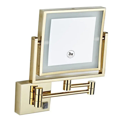 Gold led wall mounted folding square makeup mirror in gold finish with 3x magnifying and adjustable arm by decorbites gold led