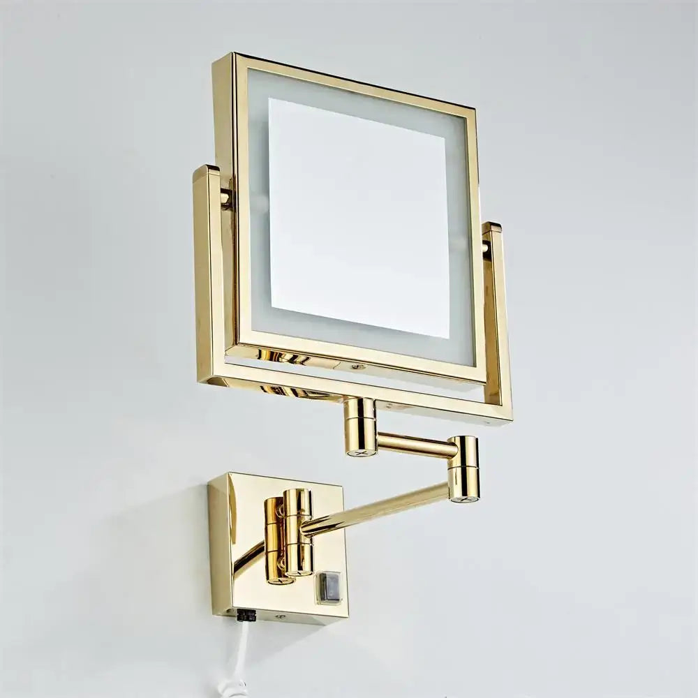 Gold led wall mounted folding square makeup mirror with 3x magnifying glass and adjustable arms for decorbites gold led lighting