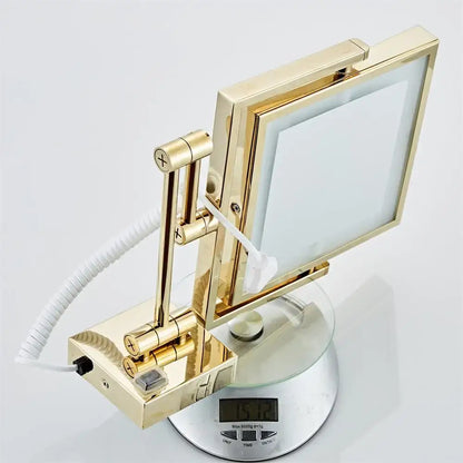 Gold led wall mounted folding square makeup mirror with 3x magnifying led lighting and digital display base decorbites gold led