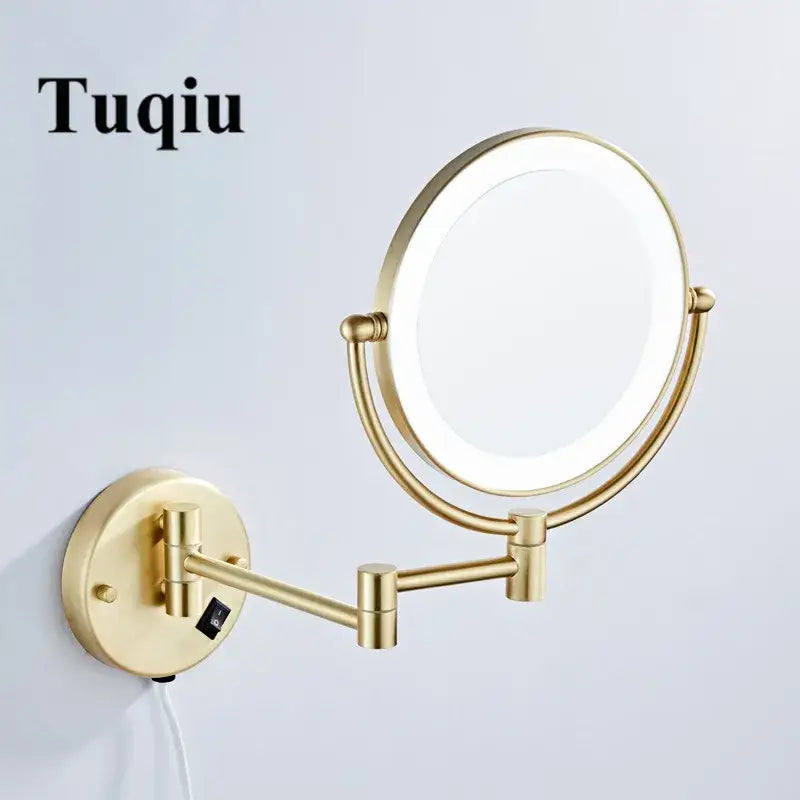 Gold led wall mounted makeup mirror with magnifying light and adjustable arm for decorbites led wall use