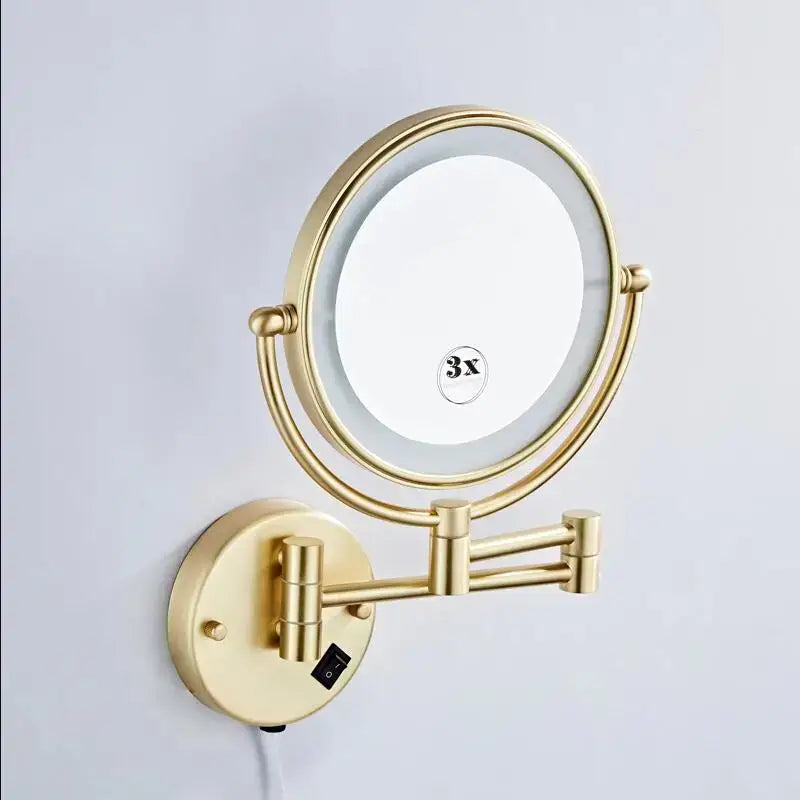 Gold led wall mounted makeup mirror with 3x zoom, adjustable arms, and folding magnifying light for decorbites led wall use