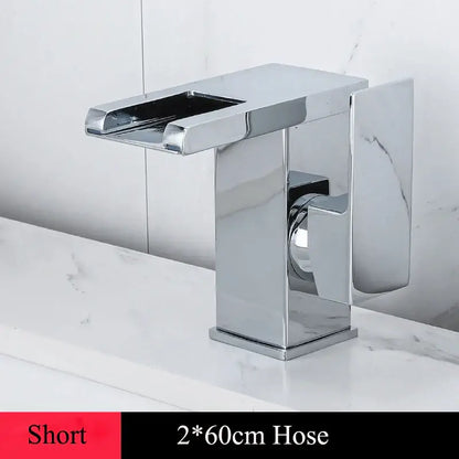 Modern chrome-finished basin faucet with sleek rectangular design and integrated handle for decorbites led waterfall basin use