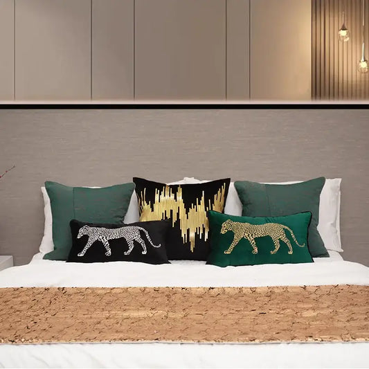 Set of three pillow covers with gold leopard embroidered designs on black velvet for living room decorbites decor