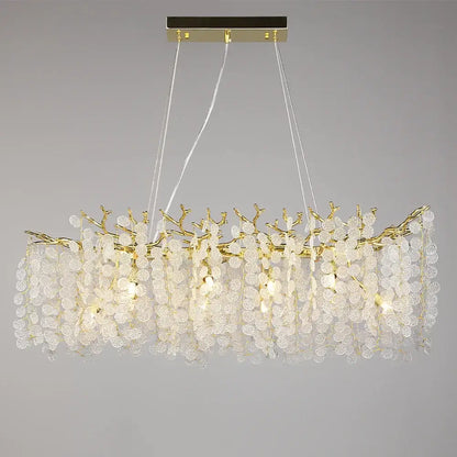 Gold money tree branch crystal chandelier with gold-toned delicate arms and cascading clear glass petals for living room decor