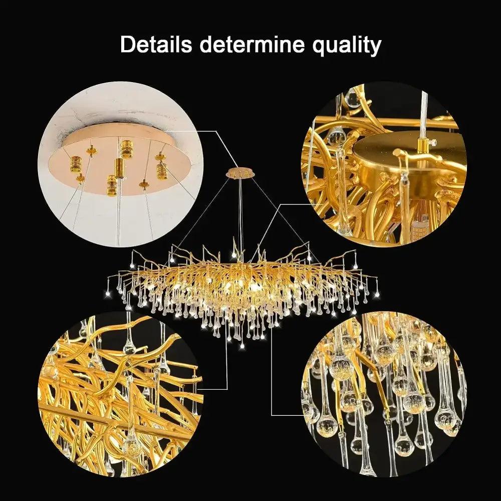 Gold nordic crystal chandelier with intricate branching arms and dangling crystal teardrop pendants by decorbites gold nordic