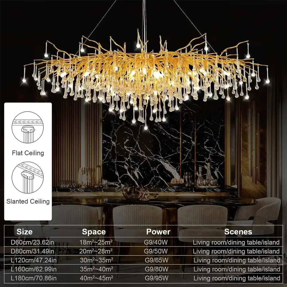 Gold nordic crystal chandelier with a golden branch design and dangling crystal droplets for elegant dining room decorbites gold nordic