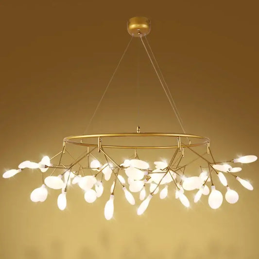 Gold nordic firefly led chandelier with gold-toned branch arms and white glass pendant lights for dining room decorbites nordic firefly