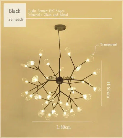 Black nordic firefly led chandelier with 36 transparent glass light heads and metal frame for dining room decorbites firefly led