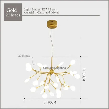 Gold nordic firefly led chandelier with nine glass light heads and sleek metal frame for dining room decorbites firefly led