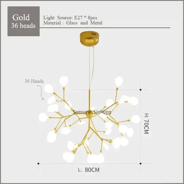 Gold nordic firefly led chandelier with 36 glass globe lights and metal frame for dining room decorbites nordic firefly