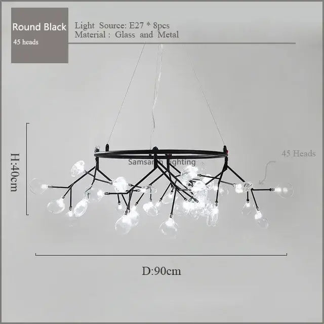 Black round decorbites nordic firefly led chandelier with 45 glass and metal light heads for dining room decor