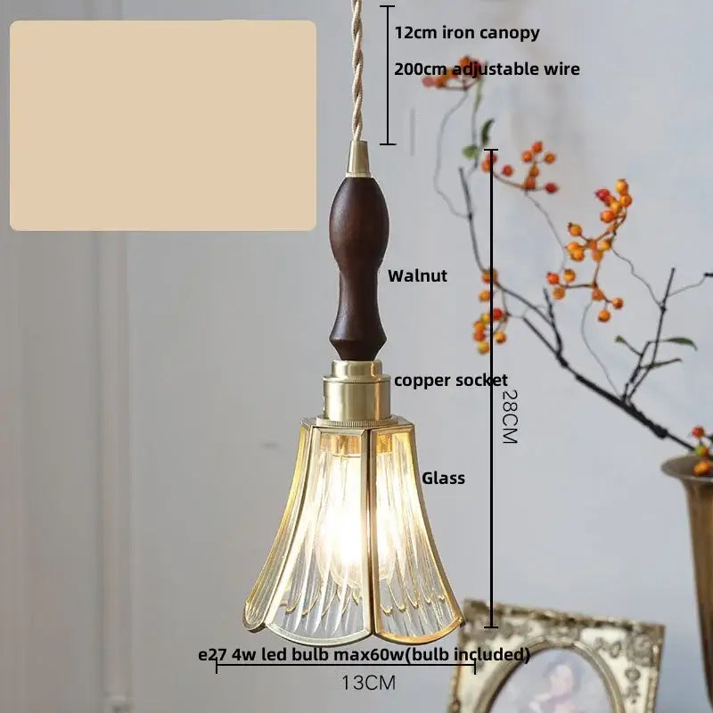 A 28cm gold petal glass led pendant lamp with dark walnut handle and brass copper socket for kitchen lighting