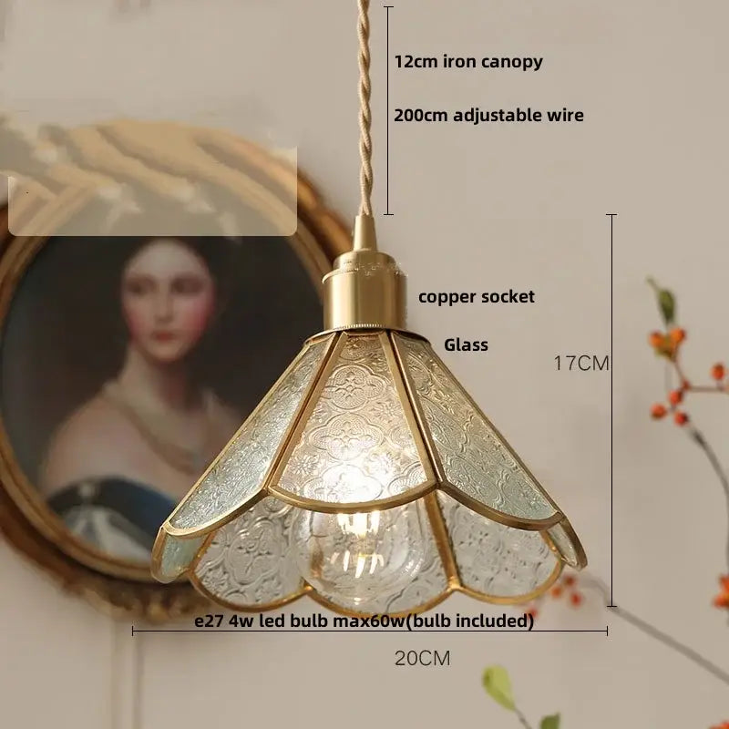 Antique-style gold petal glass led pendant lamp with brass-finished copper socket and etched clear frosted glass panels