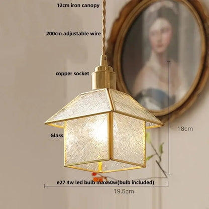 Gold petal glass led pendant lamp with brass frame, hexagonal etched glass panels, and copper socket for kitchen lighting