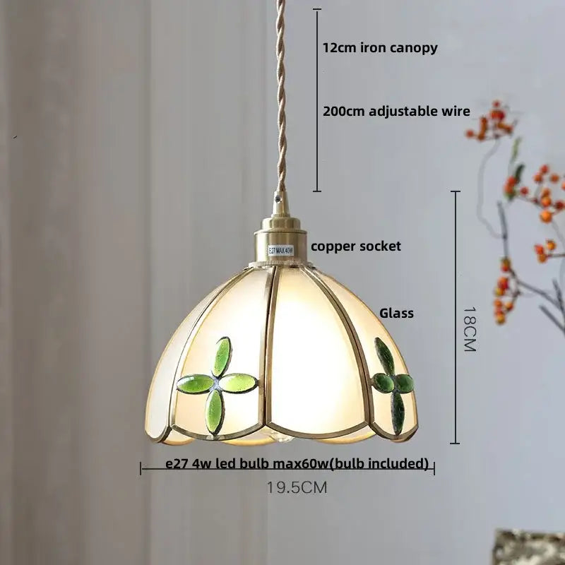 Gold petal cream glass led pendant lamp with green clover motifs and brass-finished copper socket for kitchen use