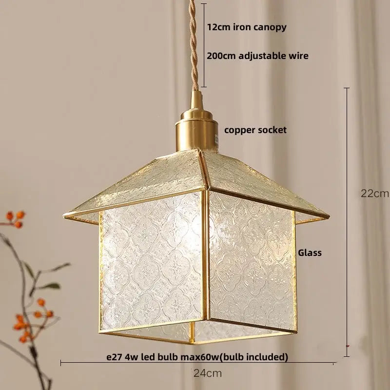 Gold petal glass led pendant lamp with textured glass panels and copper socket for kitchen lighting fixture