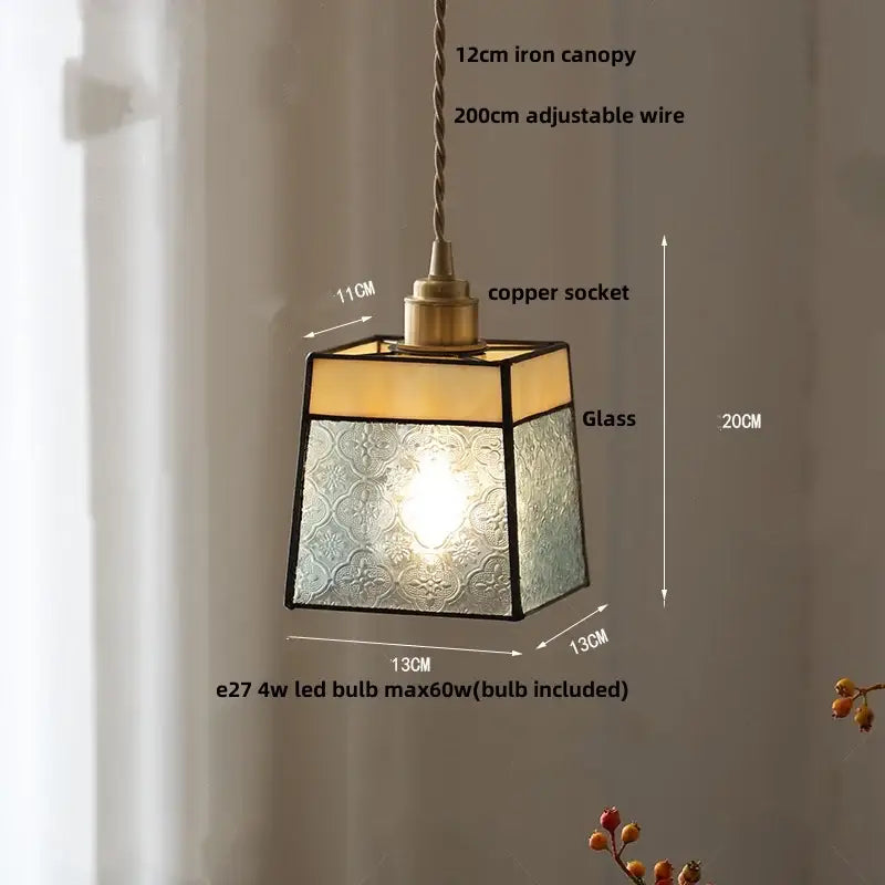 Gold petal glass led pendant lamp with square embossed glass led pendant and copper socket for kitchen lighting