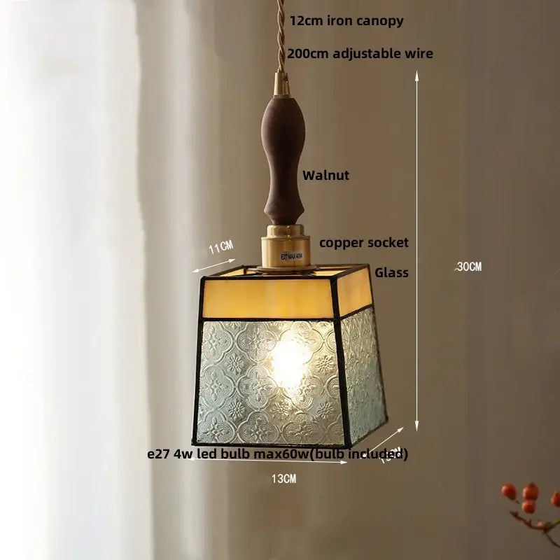 Gold petal glass led pendant lamp with textured frosted glass led pendant, black metal frame, and walnut wooden handle
