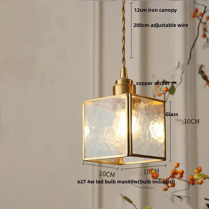 Gold petal glass led pendant lamp with brass frame textured glass panels and copper socket for kitchen lighting