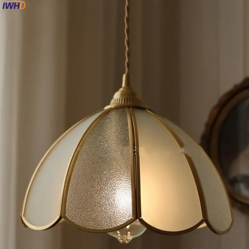 Gold-toned glass led pendant lamp with petal-shaped frosted textured glass shade for kitchen lighting fixture