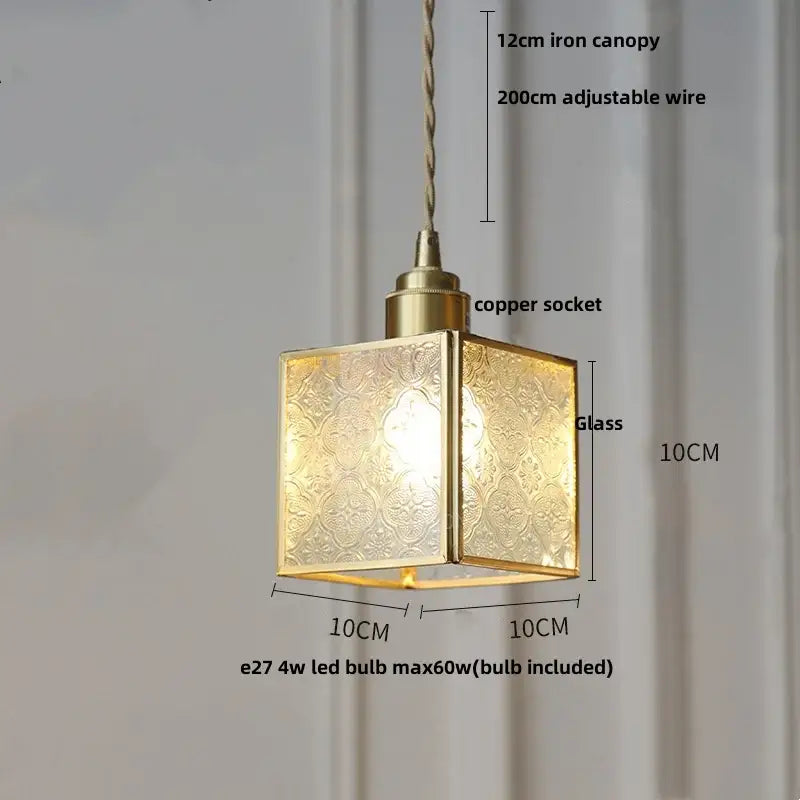 Gold-toned glass led pendant lamp with etched glass panels and copper socket for kitchen lighting fixture