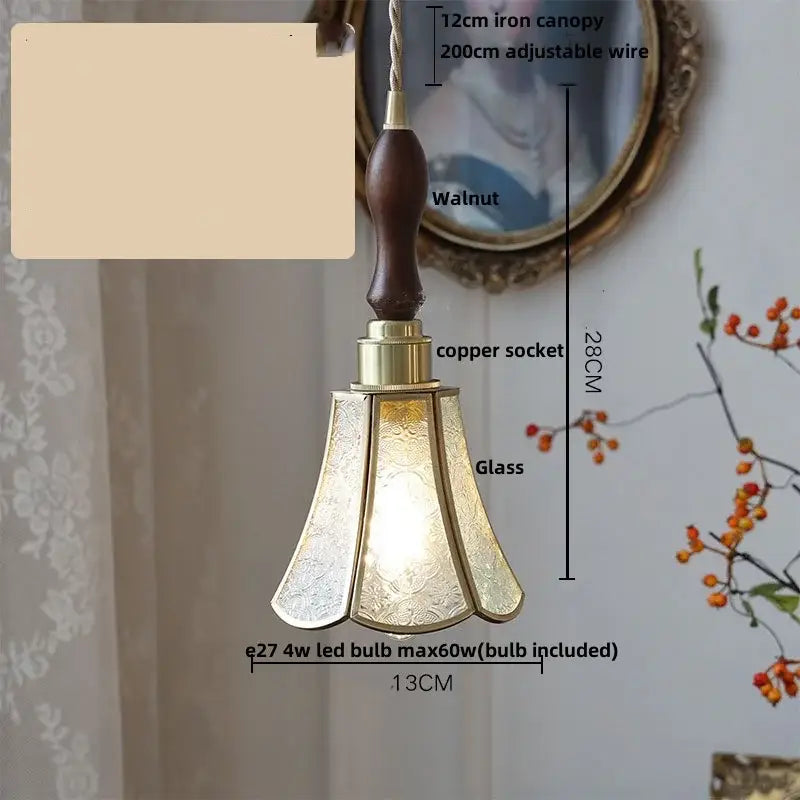 Gold petal glass led pendant lamp with dark walnut wooden handle brass copper socket and etched glass led pendant shade