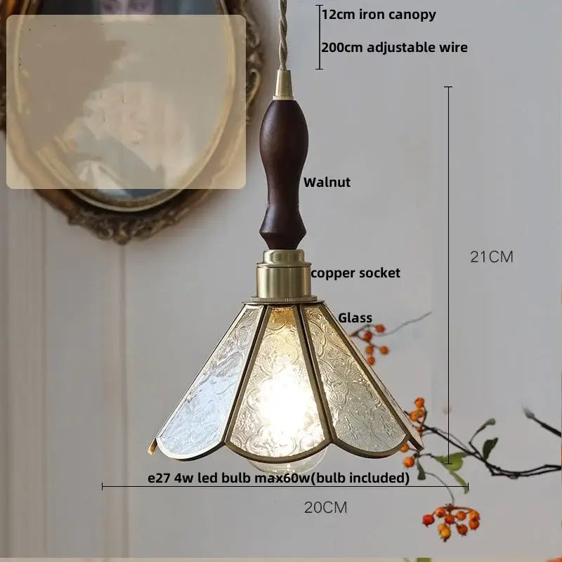 Gold petal glass led pendant lamp with dark walnut iron canopy, brass copper socket, and etched ornate glass shade