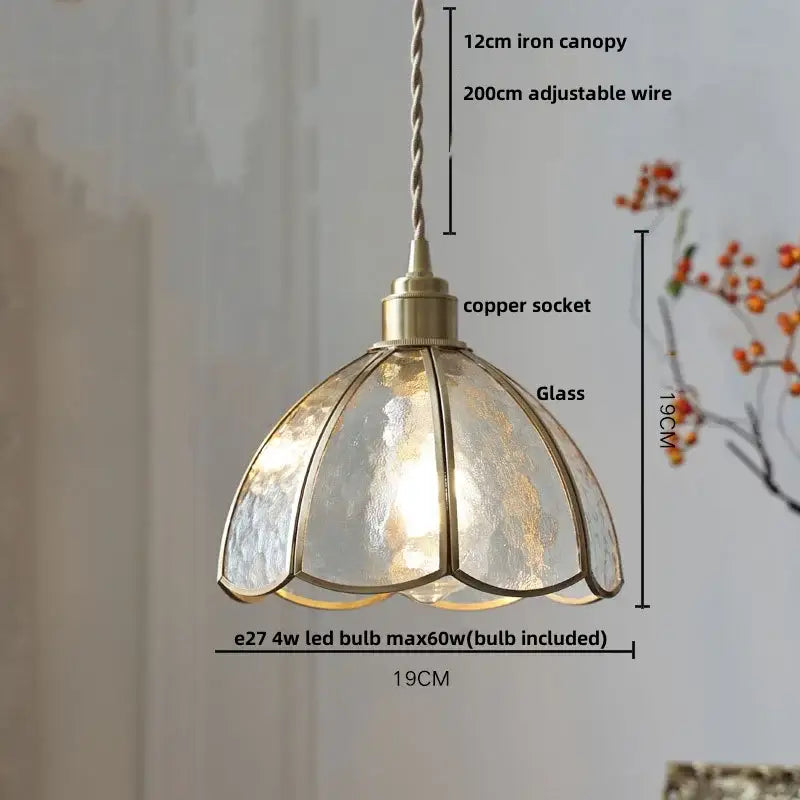 Gold petal glass led pendant lamp with hammered glass shade, brass accents, and adjustable copper socket for kitchen lighting