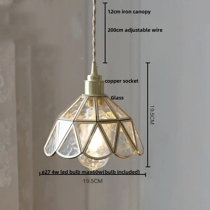 Gold petal glass led pendant lamp with geometric glass shade brass frame and copper socket for kitchen lighting