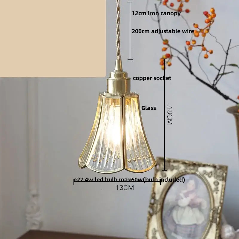 Gold petal glass led pendant lamp with brass iron canopy copper socket and fluted glass shade for kitchen lighting