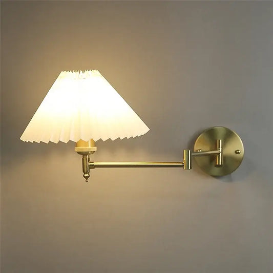 Gold-toned decorbites adjustable led wall lamp with pleated white fabric shade for bedroom reading light