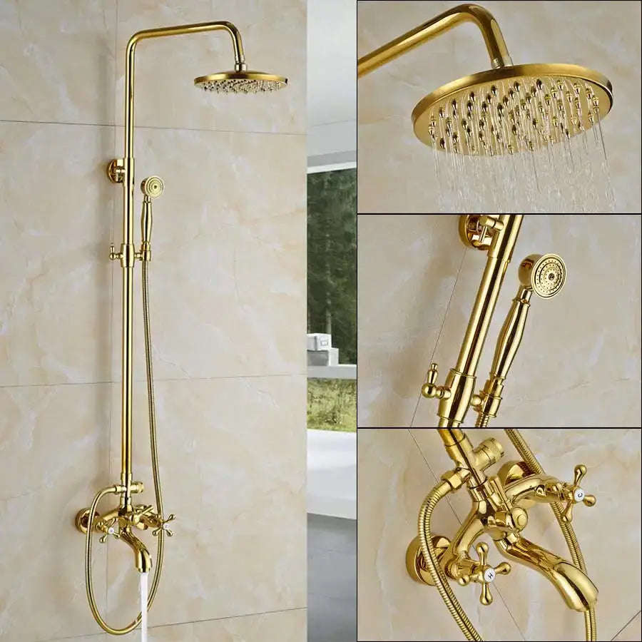 Gold rainfall and waterfall shower faucet set in gold-finished brass with round rainhead and handheld spray nozzle