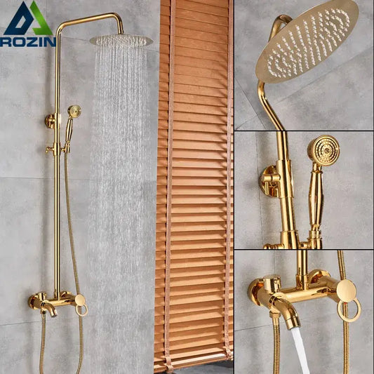 Gold-finished rozin shower faucet set with rainhead and handheld sprayer for a luxury bathroom system