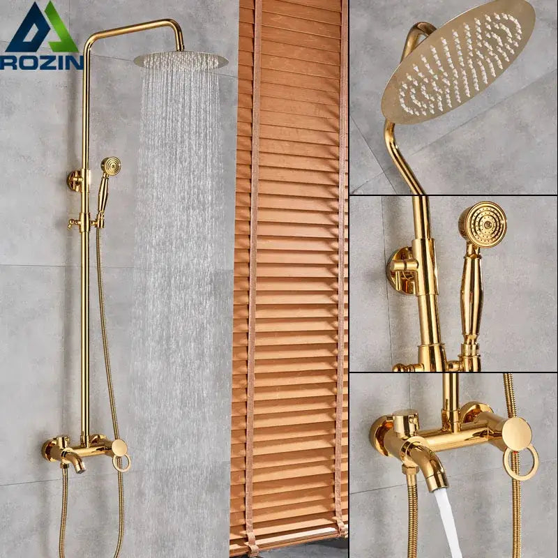 Gold-finished rozin shower faucet set with rainhead and handheld sprayer for a luxury bathroom system