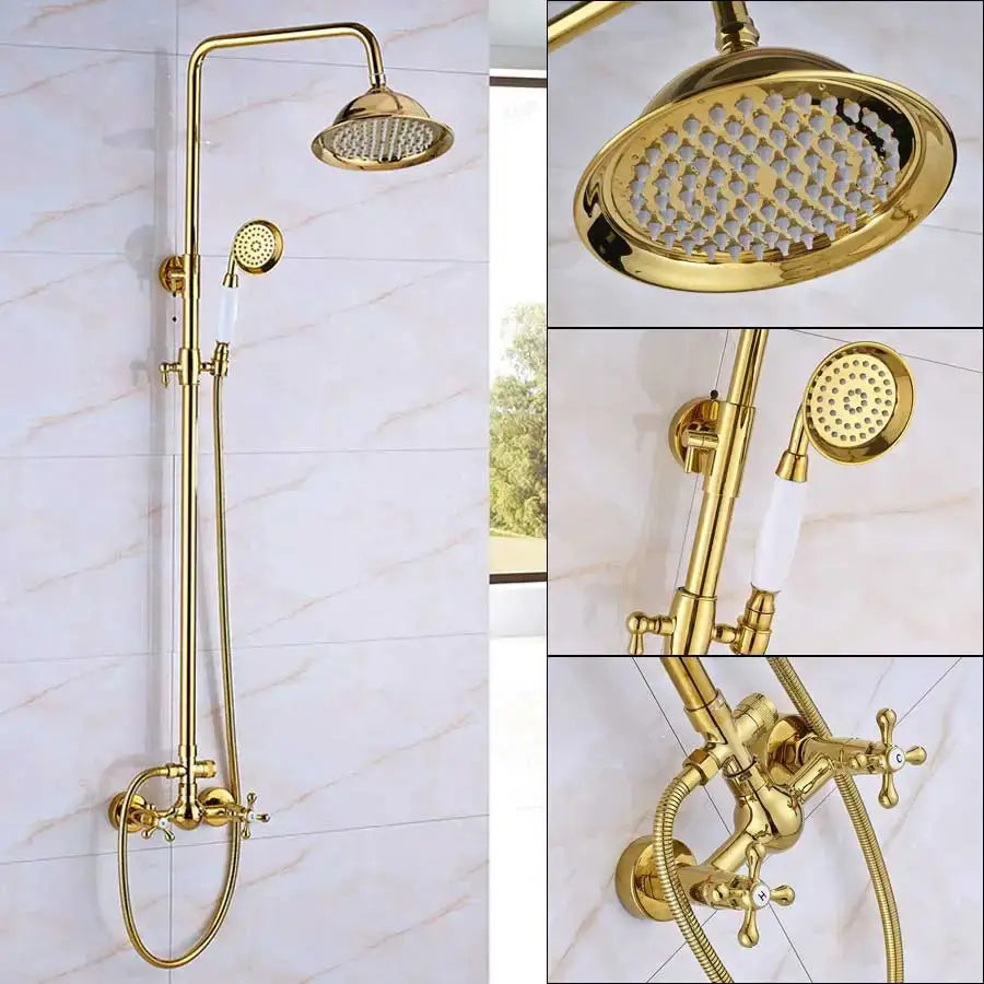 Gold rainfall and waterfall shower faucet set with gold-finished brass and white ceramic handles shower faucet set