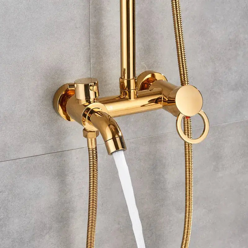 Gold rainfall and waterfall shower faucet set with gold-finished brass shower faucet and integrated hose attachments