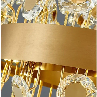 Gold rectangular decorbites crystal pendant chandelier with crystal accents and brushed metal band for dining room decor