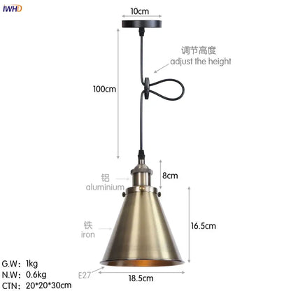 Industrial pendant lights with brushed brass conical shade and black adjustable chain made of aluminum and iron for dining room decorbites gold retro edison style