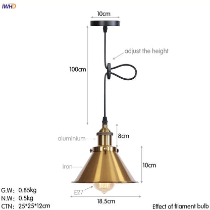Industrial-style brass pendant lights with conical shade and black adjustable chain gold retro edison decorbites for dining room