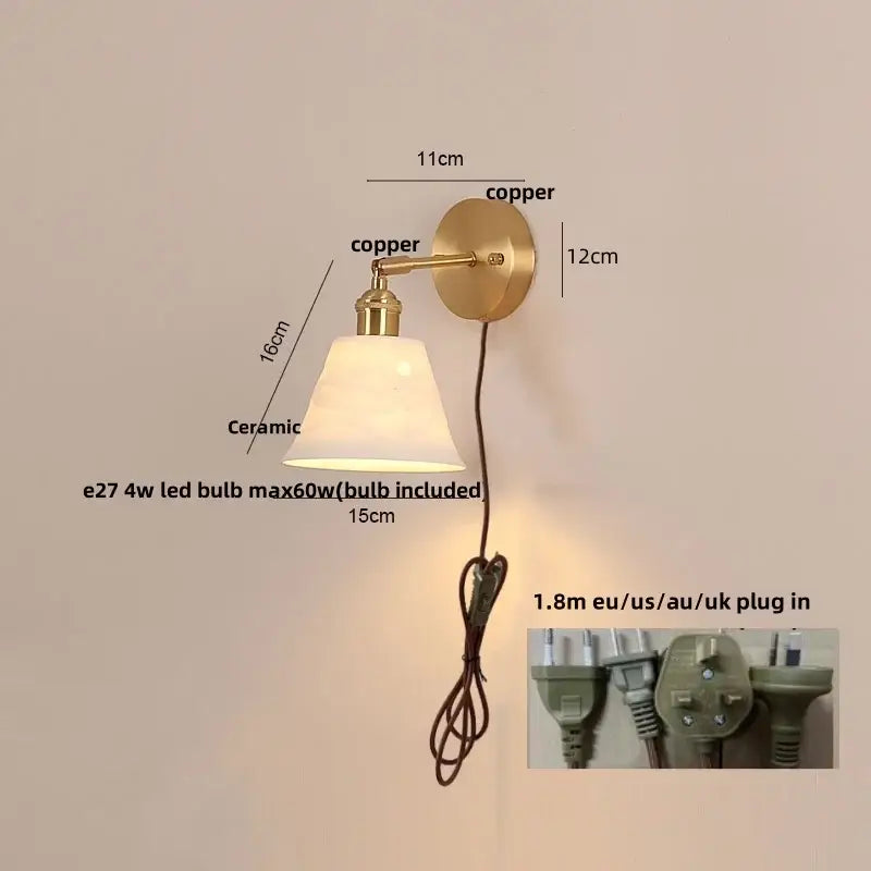 Copper-finished wall light fixture with ceramic lampshade and gold ruffled glass detail for bedroom use with pull chain