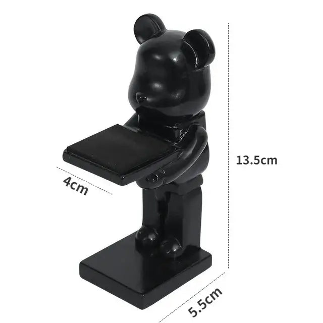 Black glossy bear statue watch rack holding a rectangular tray for bedroom storage and display use