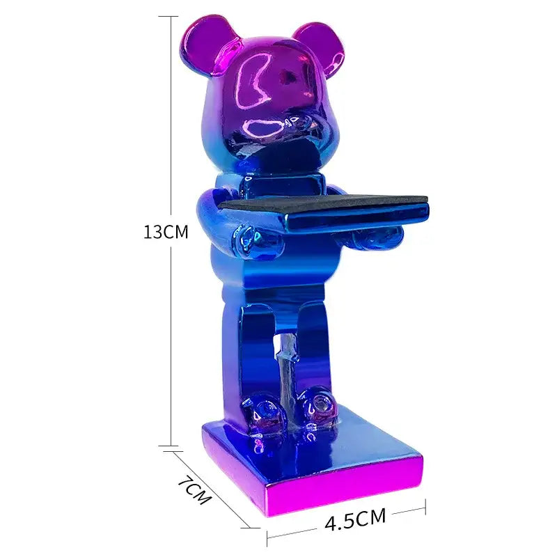 Glossy iridescent blue and purple bear statue watch rack holding tray for bedroom storage and display