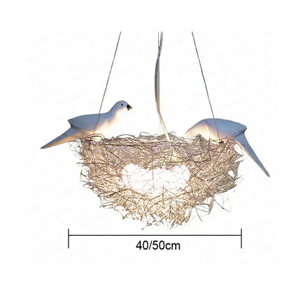 White ceramic bird’s nest pendant lights with two sculpted birds on woven textured surface for dining room