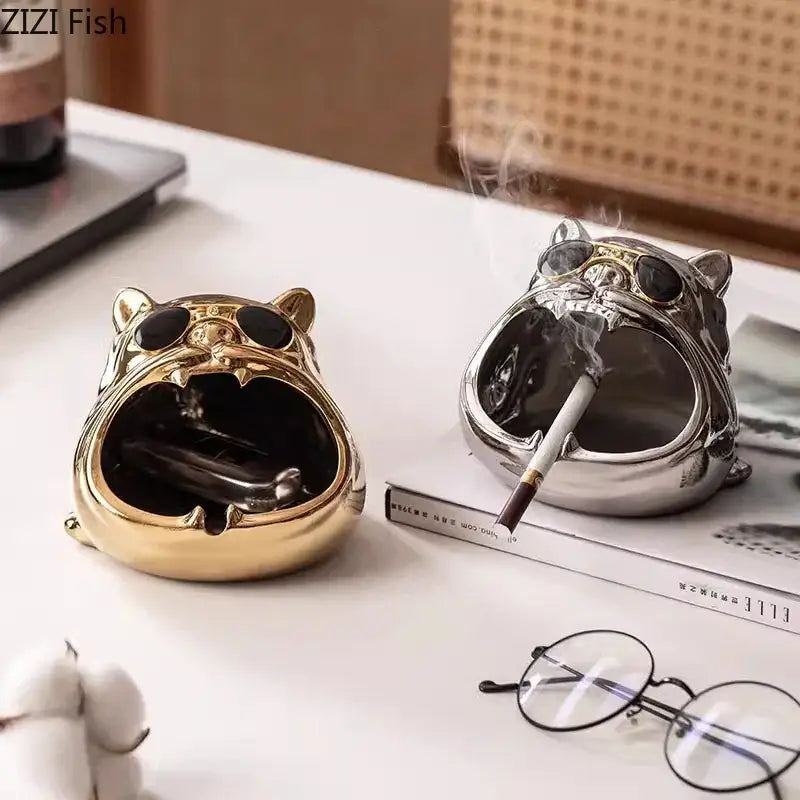 Gold and silver ceramic bulldog ashtrays with sunglasses by decorbites for office desktop decor