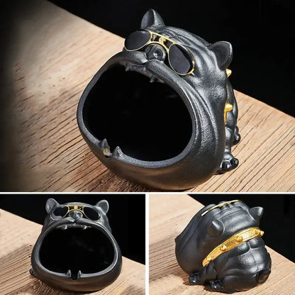 Black ceramic bulldog ceramic ashtray with gold-rimmed sunglasses and collar for office desktop decor by decorbites