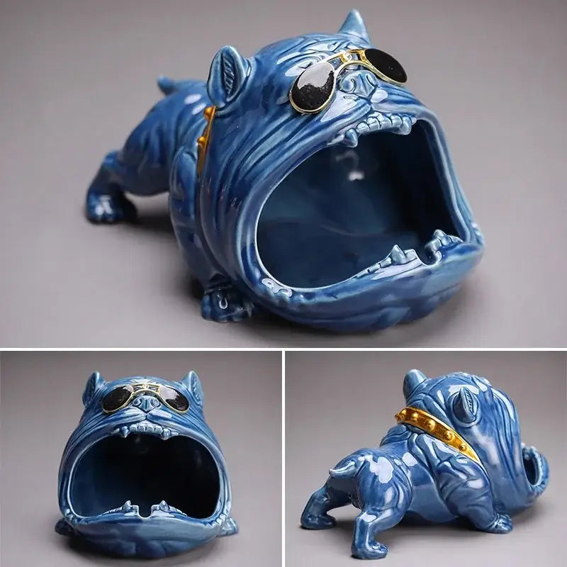 Blue ceramic bulldog ceramic ashtray with gold-rimmed sunglasses and matching collar for office decorbites bulldog ceramic decor