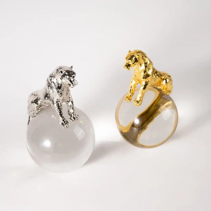 Gold and silver leopard crystal ball metal sculptures perched on translucent spheres for living room decorbites decor