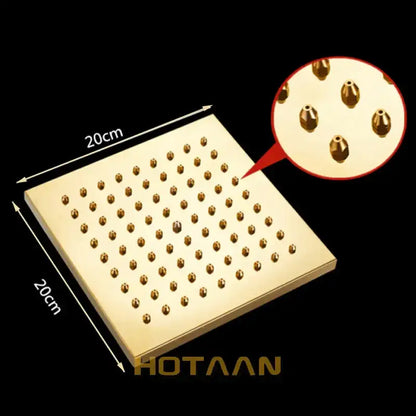 Gold square overhead shower head with 20cm square design and evenly spaced rounded nozzles by decorbites gold square