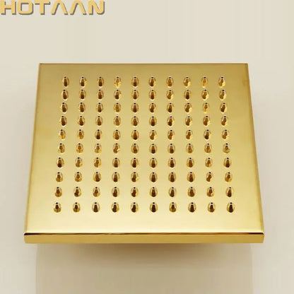 Gold square overhead shower head by decorbites featuring a gold-colored square design with rounded nozzle grid