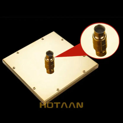 Gold square overhead shower head mount in brass with sleek square plate and central cylindrical fixture for decorbites gold square